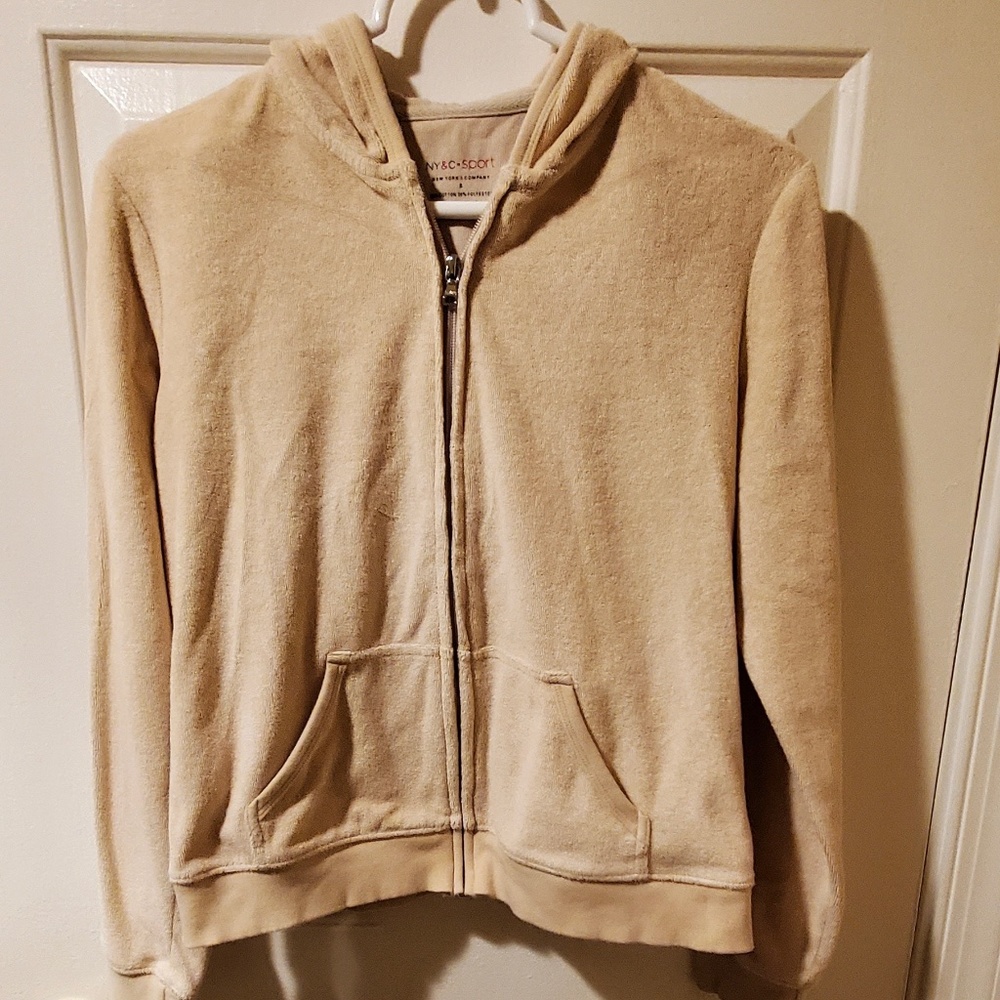 Light Beige Terry Zip Front Hoodie and Capri Pants Set - Size Small